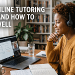 A smiling woman wearing a headset, looking at a laptop screen during an online tutoring session with a math tutor. Text in the upper left corner asks, 'Does Online Tutoring Work, And How To Buy It Well?
