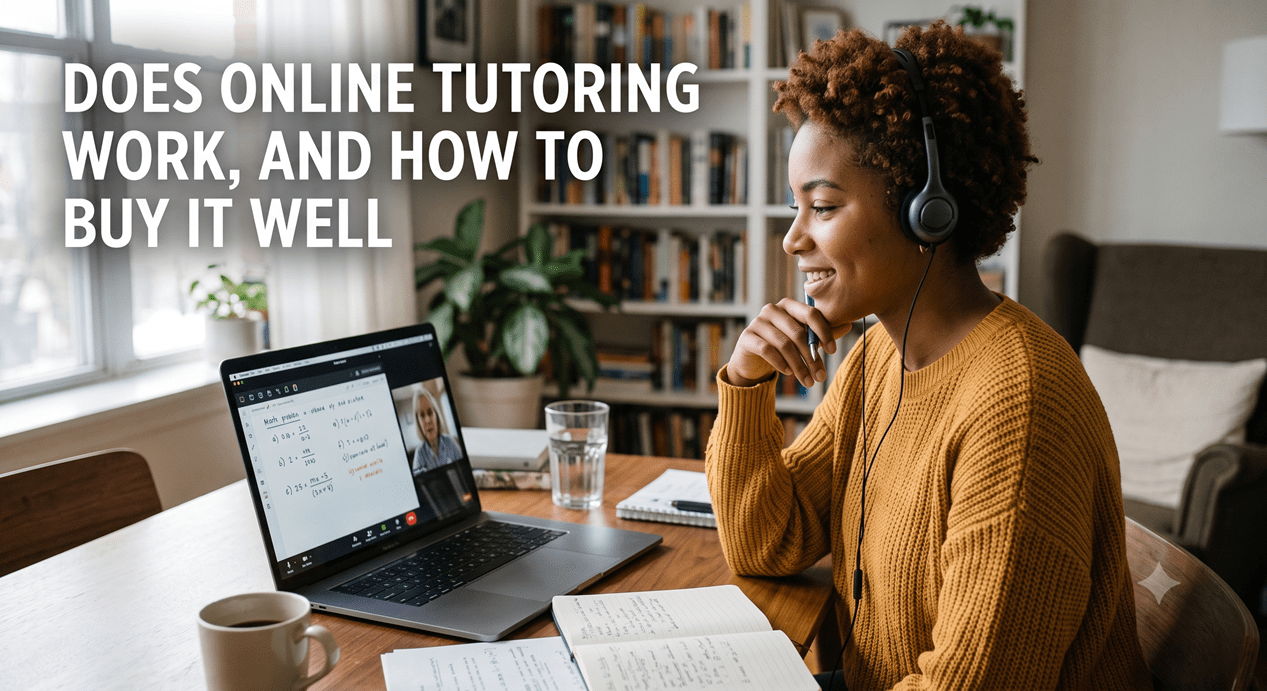 A smiling woman wearing a headset, looking at a laptop screen during an online tutoring session with a math tutor. Text in the upper left corner asks, 'Does Online Tutoring Work, And How To Buy It Well?