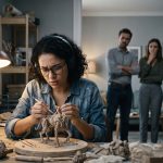 A photograph of a young woman with curly hair and glasses, wearing headphones, deeply focused on sculpting an intricate skeletal miniature creature at a cluttered wooden desk under a warm lamp. She uses a fine tool while four adults stand observing her in the blurred background.