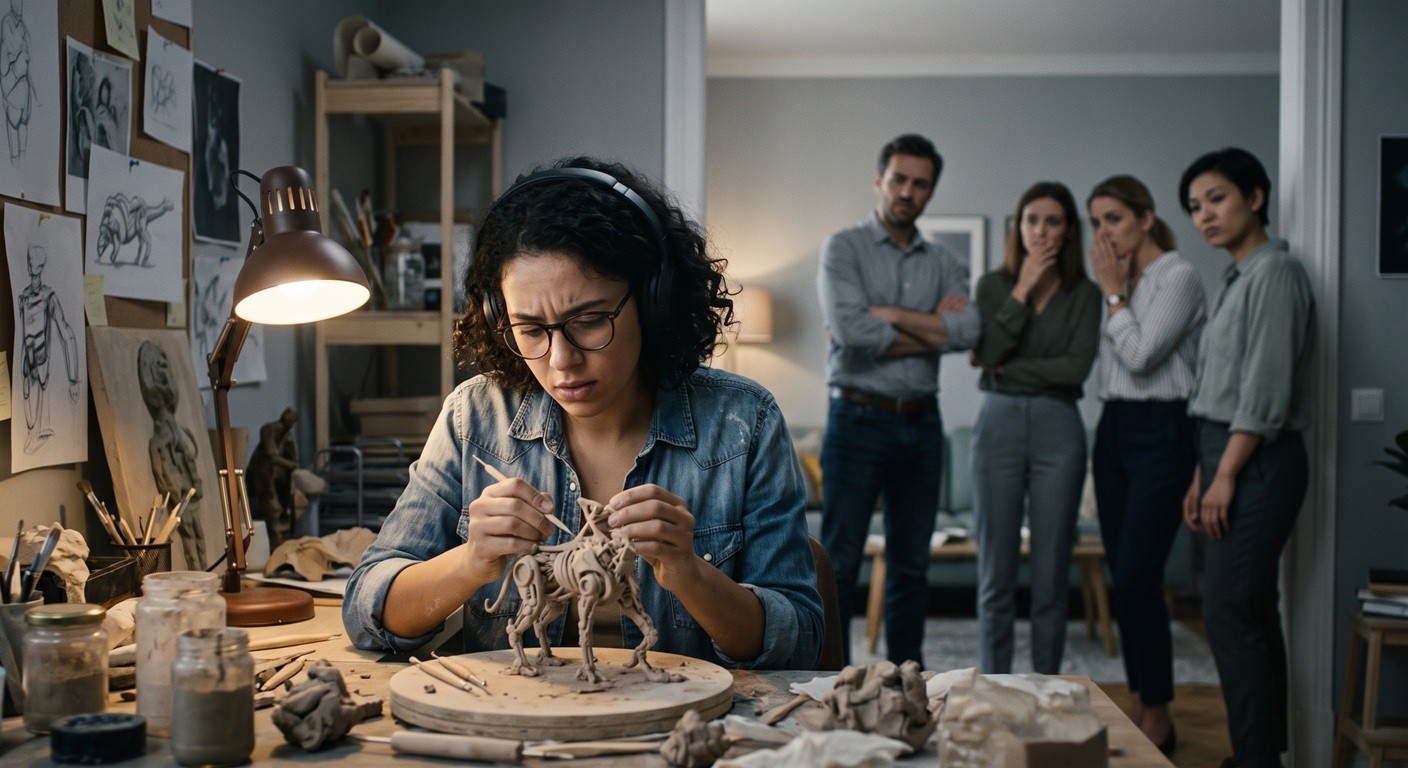 A photograph of a young woman with curly hair and glasses, wearing headphones, deeply focused on sculpting an intricate skeletal miniature creature at a cluttered wooden desk under a warm lamp. She uses a fine tool while four adults stand observing her in the blurred background.